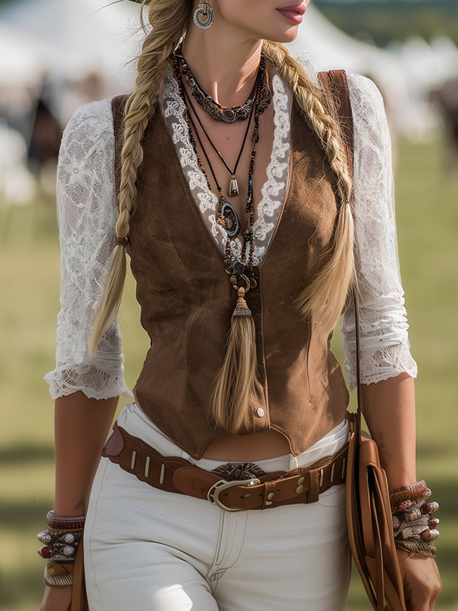 Elowen | Women's Western Lace Long Sleeve Blouse - Brown - Image 1