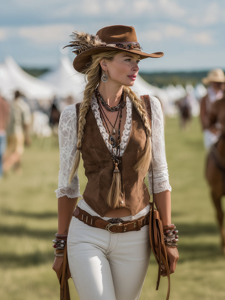 Elowen | Women's Western Lace Long Sleeve Blouse - Brown - Image 3