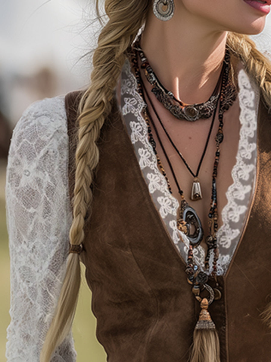 Elowen | Women's Western Lace Long Sleeve Blouse - Brown - Image 4