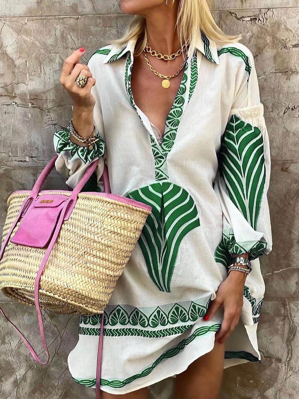 Elysia | Women's V-Neck Printed Long Sleeve Mini Dress - White - Image 1