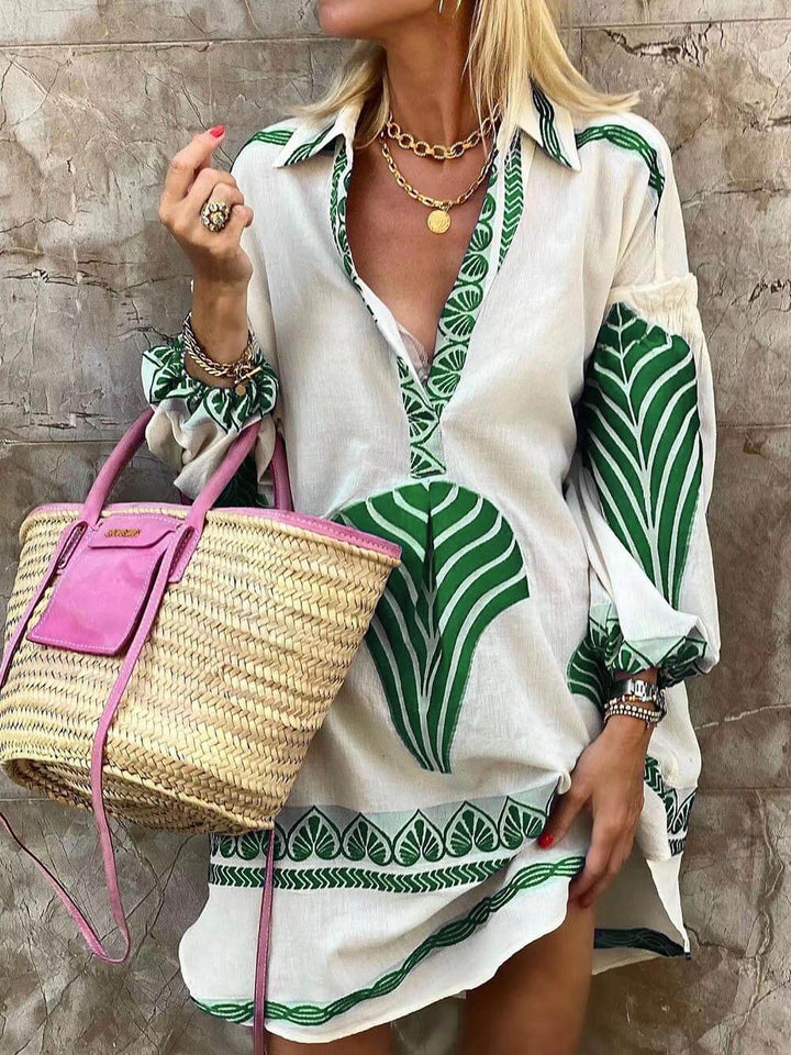 Elysia | Women's V-Neck Printed Long Sleeve Mini Dress - White - Image 1