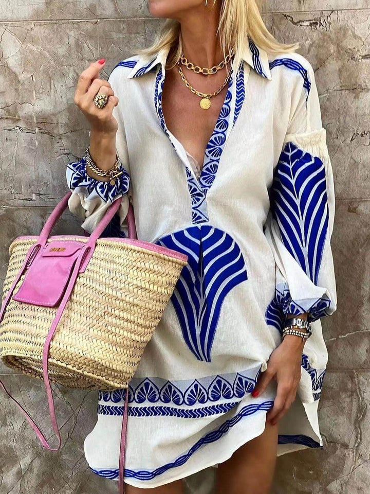Elysia | Women's V-Neck Printed Long Sleeve Mini Dress - White - Image 2