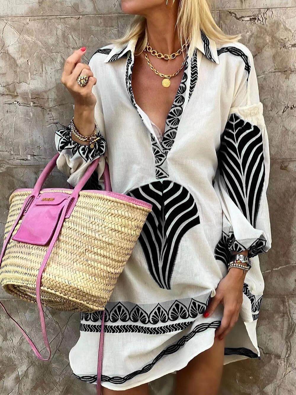 Elysia | Women's V-Neck Printed Long Sleeve Mini Dress - White - Image 3