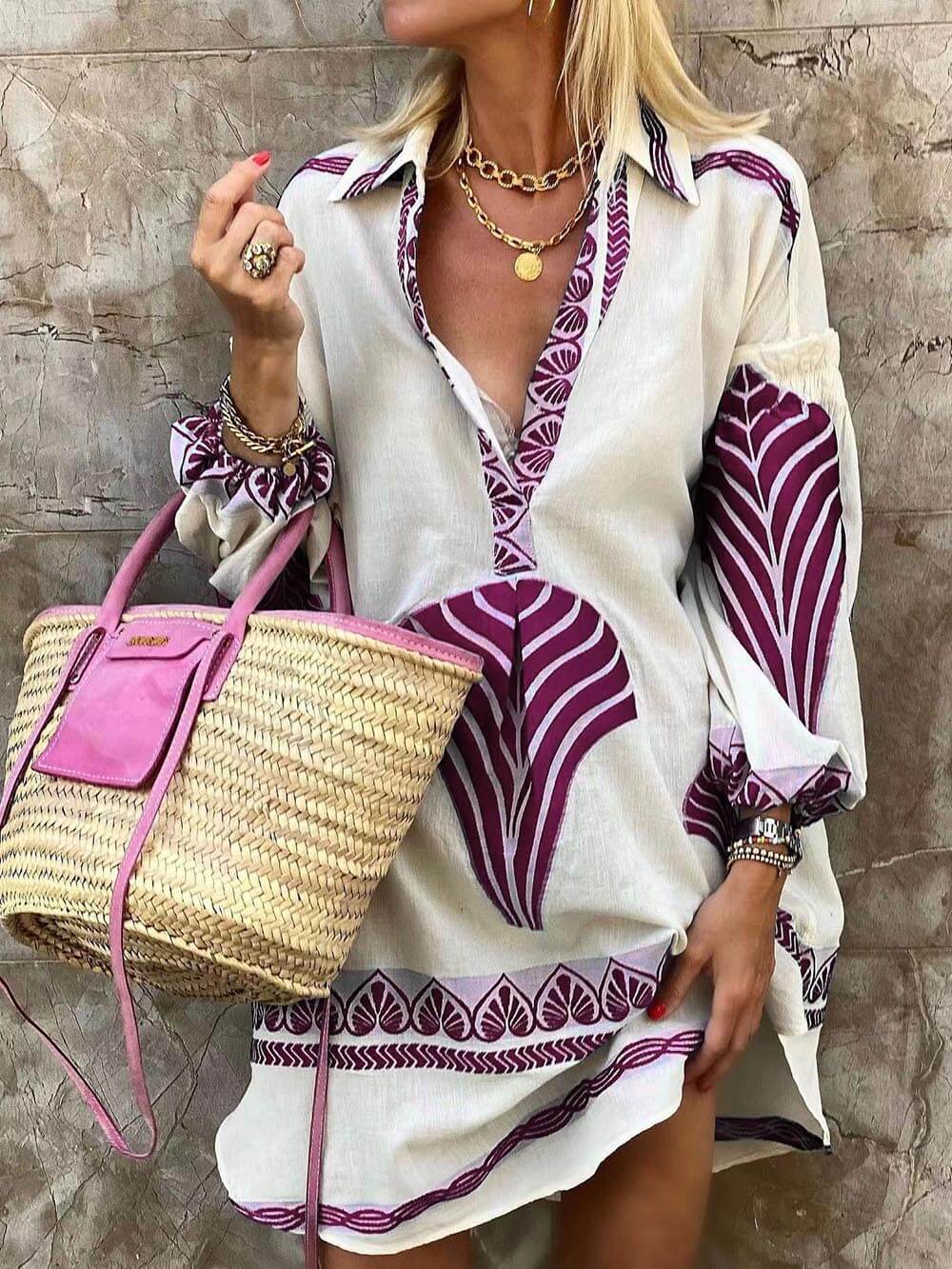 Elysia | Women's V-Neck Printed Long Sleeve Mini Dress - White - Image 4
