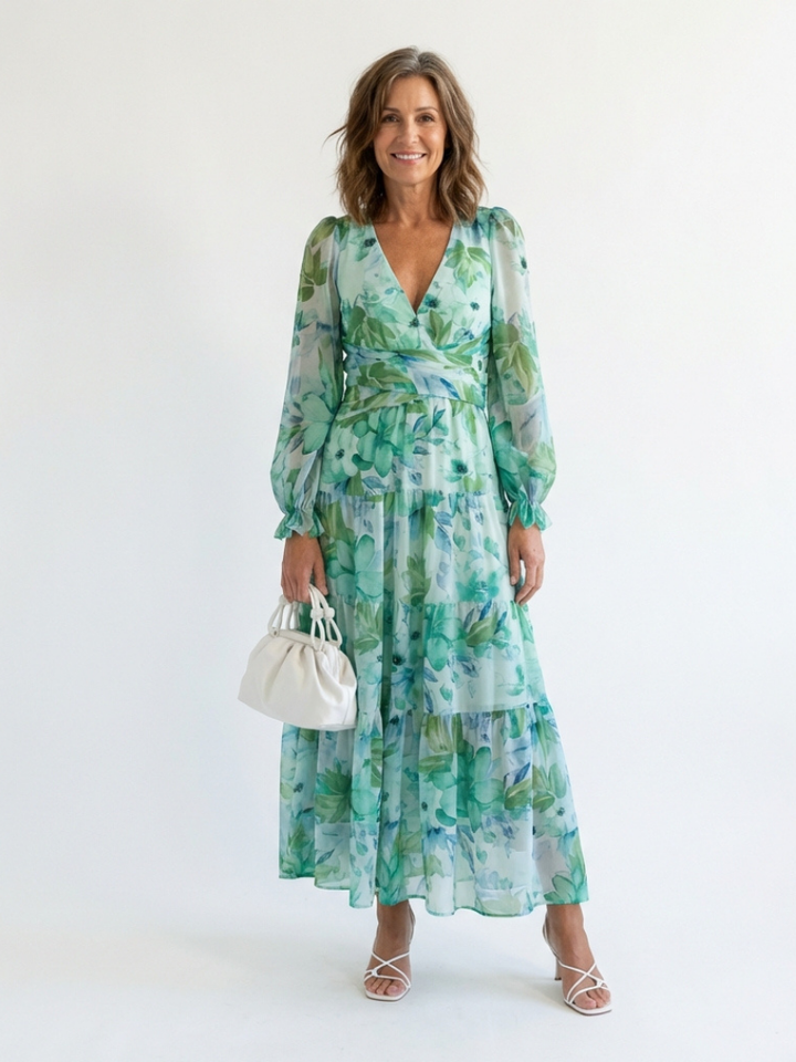 Emilia | Women's V Neck Long Sleeve Floral Maxi Dress - Floral - Image 1