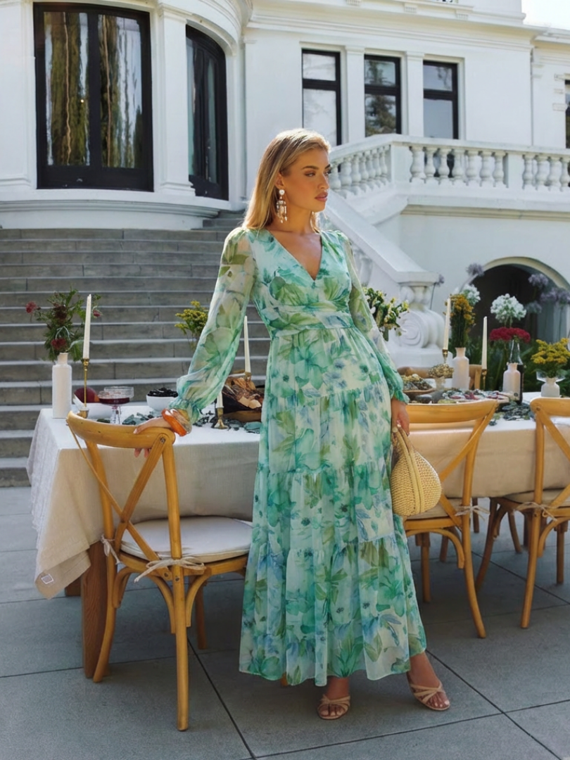 Emilia | Women's V Neck Long Sleeve Floral Maxi Dress - Floral - Image 13