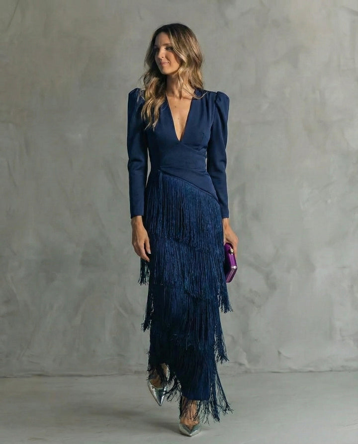 Esmeralda | Women's V-Neck Fringe Maxi Dress - Green - Image 2