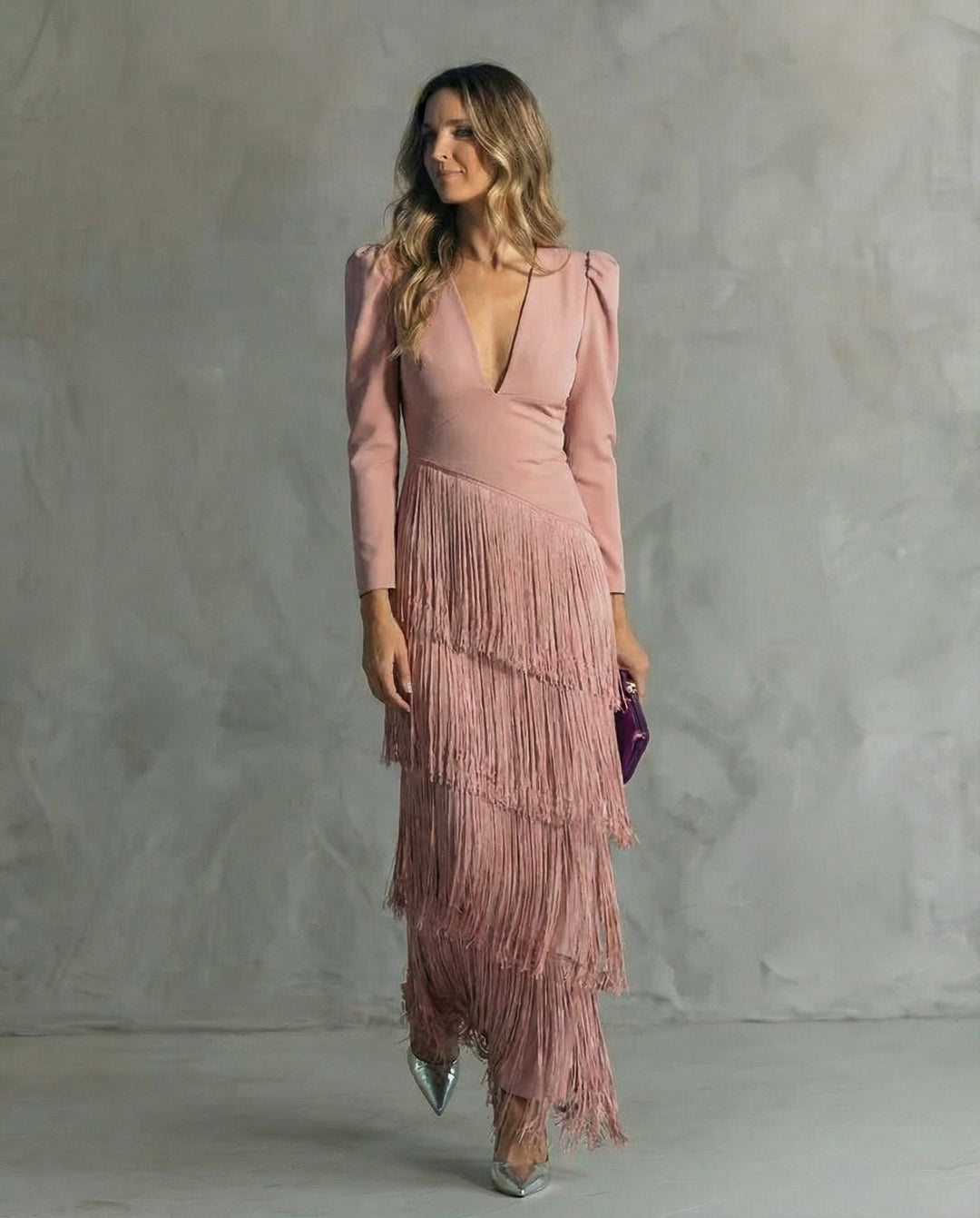Esmeralda | Women's V-Neck Fringe Maxi Dress - Green - Image 3