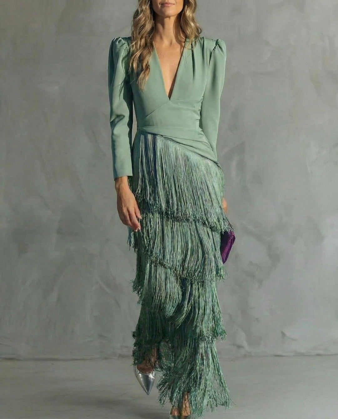 Esmeralda | Women's V-Neck Fringe Maxi Dress - Green - Image 5