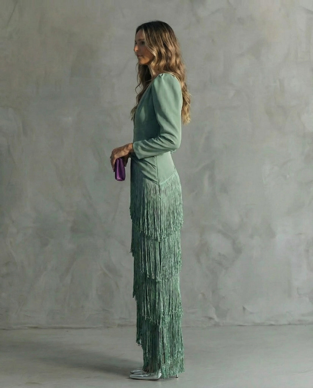 Esmeralda | Women's V-Neck Fringe Maxi Dress - Green - Image 6