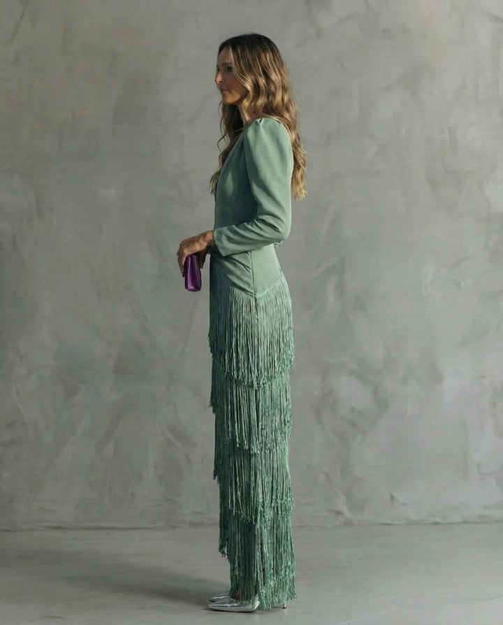 Esmeralda | Women's V-Neck Fringe Maxi Dress - Green - Image 6
