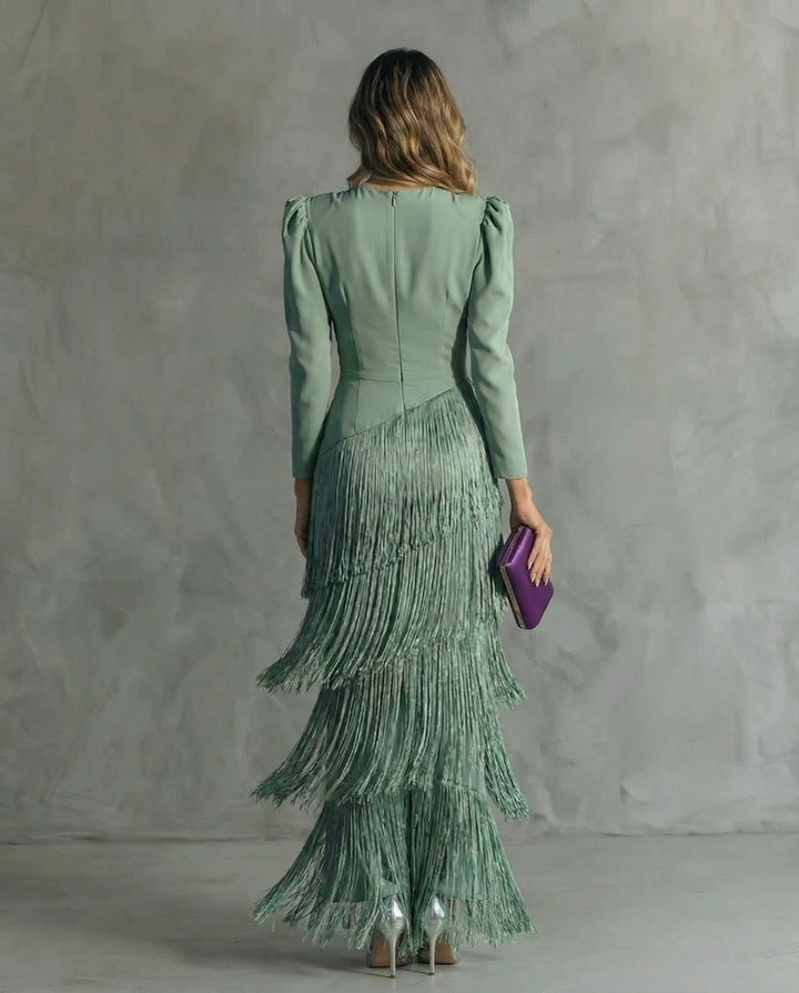 Esmeralda | Women's V-Neck Fringe Maxi Dress - Green - Image 7