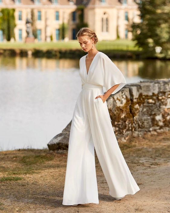 Esmeralda | Women's V-Neck Wide Leg Jumpsuit - White - Image 1