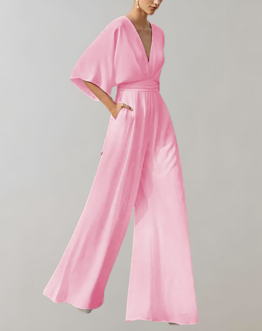 Esmeralda | Women's V-Neck Wide Leg Jumpsuit - White - Image 2