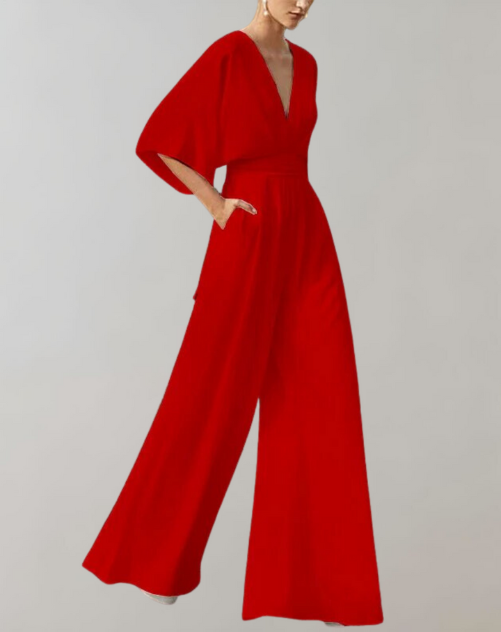 Esmeralda | Women's V-Neck Wide Leg Jumpsuit - White - Image 4