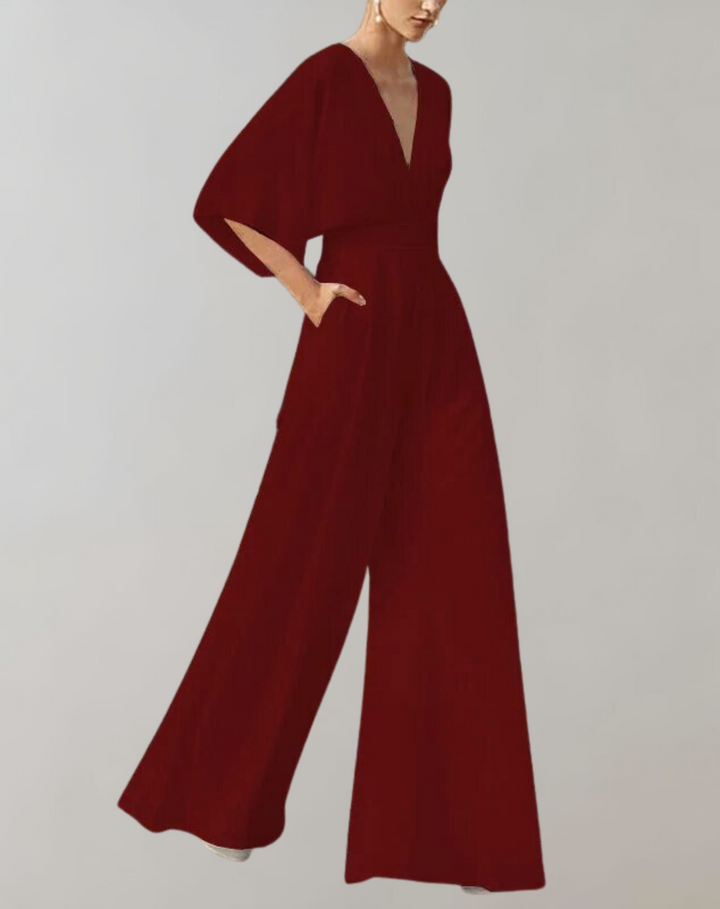 Esmeralda | Women's V-Neck Wide Leg Jumpsuit - White - Image 5