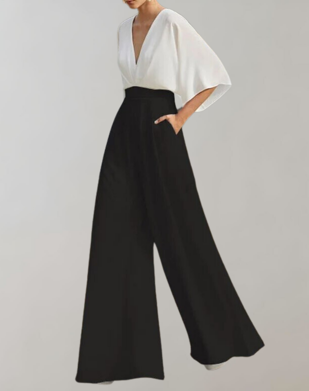 Esmeralda | Women's V-Neck Wide Leg Jumpsuit - White - Image 8