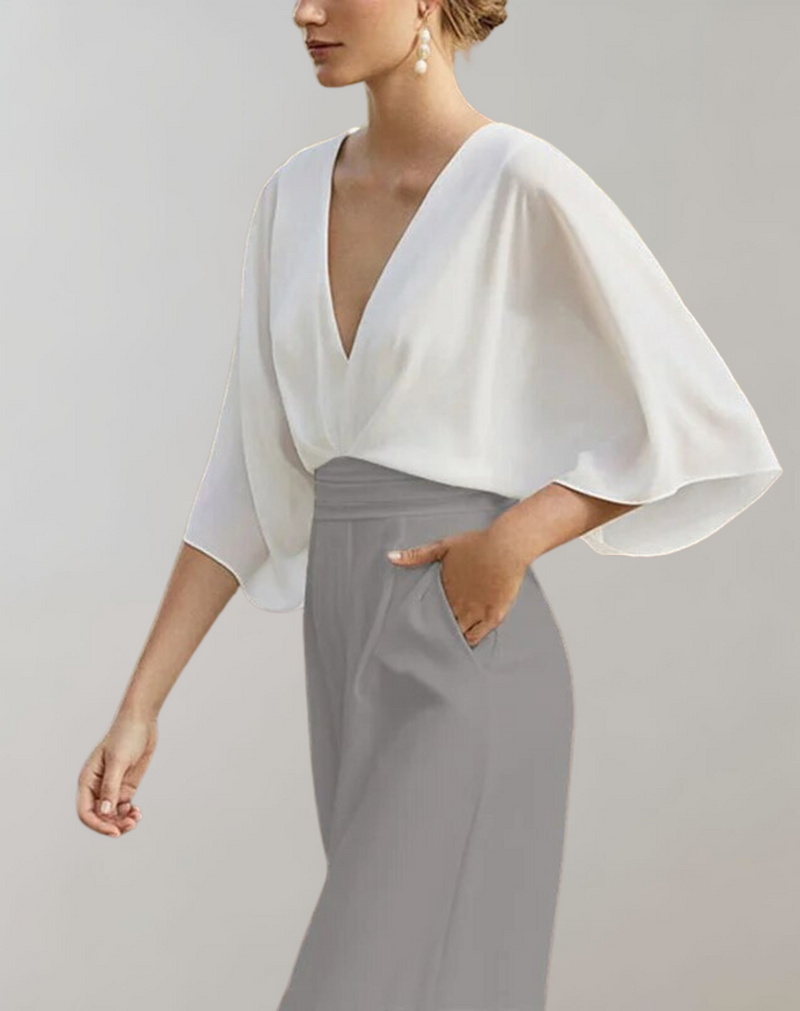 Esmeralda | Women's V-Neck Wide Leg Jumpsuit - White - Image 9