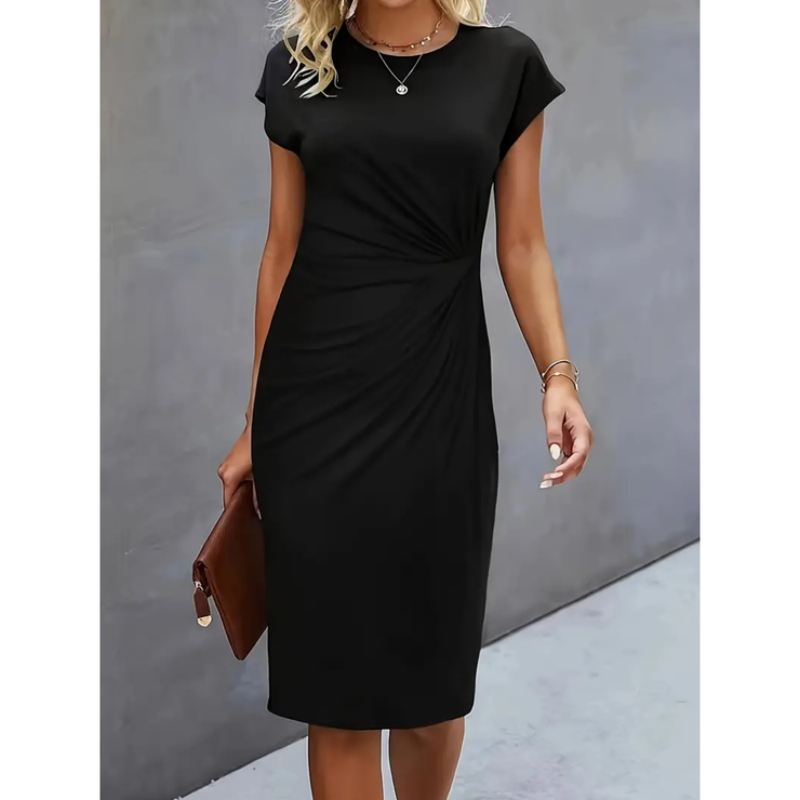 Evander | Women's Ruched Waist Short Sleeve Midi Dress - Black - Image 1