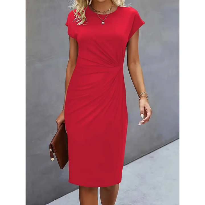 Evander | Women's Ruched Waist Short Sleeve Midi Dress - Black - Image 2
