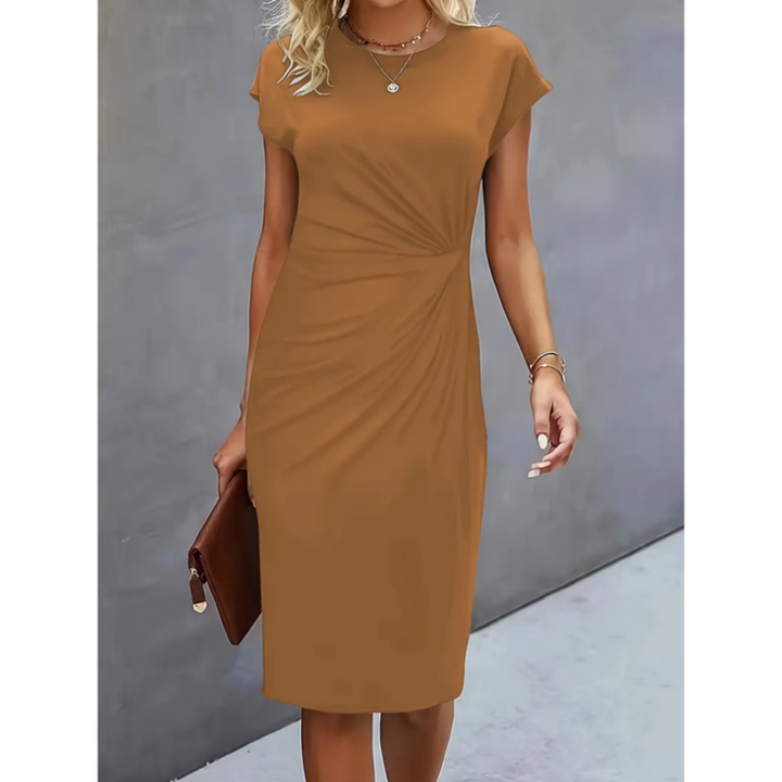 Evander | Women's Ruched Waist Short Sleeve Midi Dress - Black - Image 4