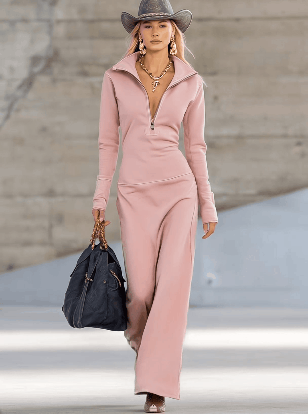 Evangelia | Women's Hooded Zip Front Maxi Dress - Pink - Image 2