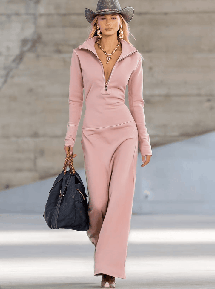 Evangelia | Women's Hooded Zip Front Maxi Dress - Pink - Image 2