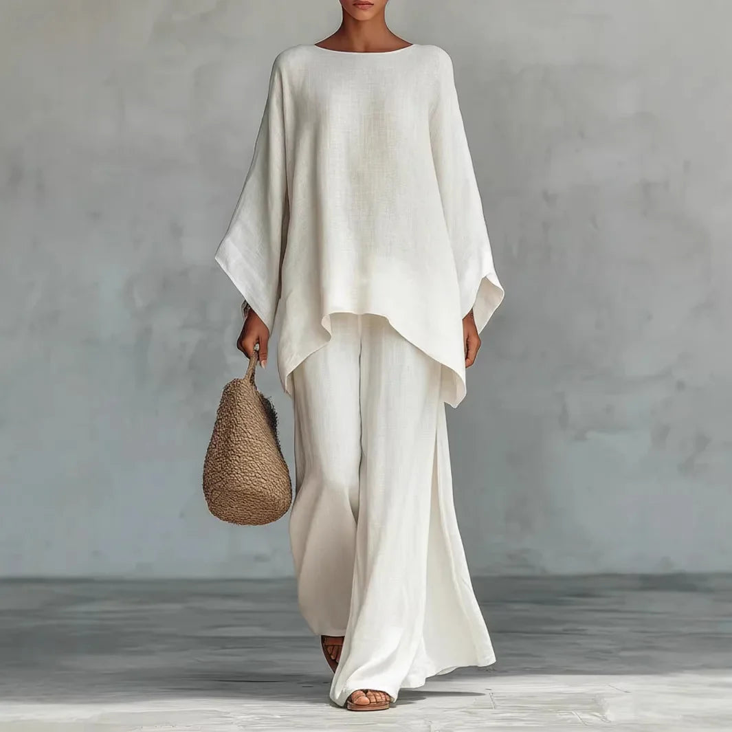 Evangeline | Women's Asymmetrical Top Wide Leg Pants Set - White - Image 1