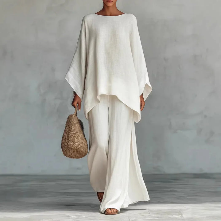 Evangeline | Women's Asymmetrical Top Wide Leg Pants Set - White - Image 1