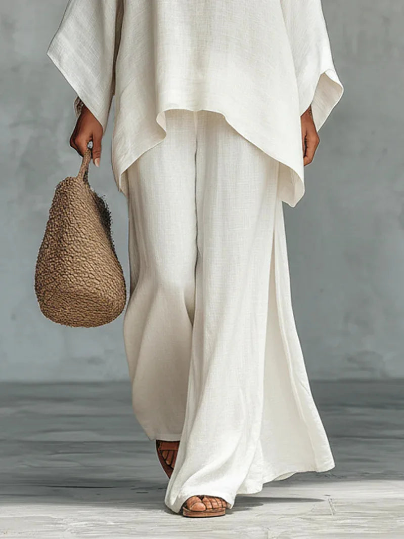 Evangeline | Women's Asymmetrical Top Wide Leg Pants Set - White - Image 2