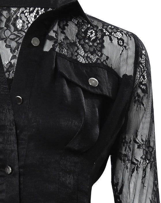 Evangeline | Women's Button Front Long Sleeve Lace Mini Dress - Black - Image 10