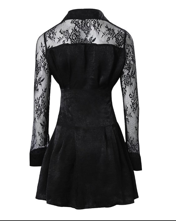 Evangeline | Women's Button Front Long Sleeve Lace Mini Dress - Black - Image 11