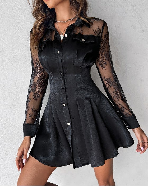 Evangeline | Women's Button Front Long Sleeve Lace Mini Dress - Black - Image 3