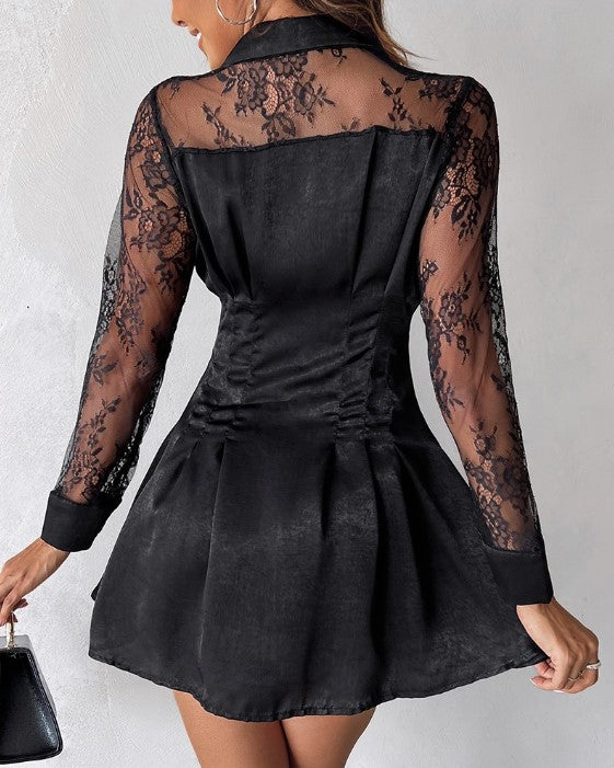Evangeline | Women's Button Front Long Sleeve Lace Mini Dress - Black - Image 6