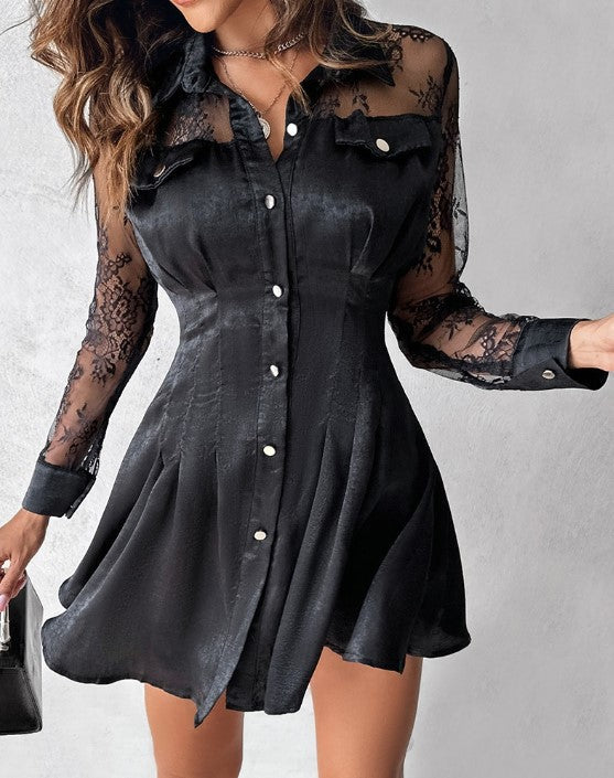 Evangeline | Women's Button Front Long Sleeve Lace Mini Dress - Black - Image 8