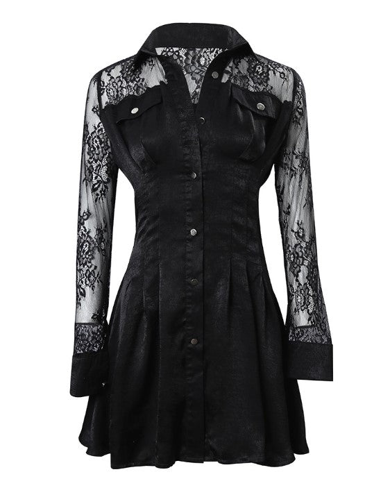 Evangeline | Women's Button Front Long Sleeve Lace Mini Dress - Black - Image 9