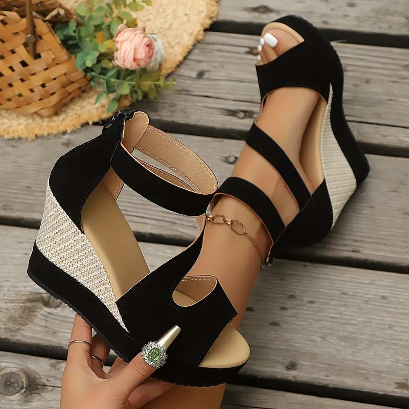 Evangeline | Women's Platform Ankle Strap Wedge Sandals - Black - Image 2