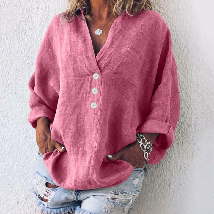 Evangeline | Women's V-Neck Button Down Blouse - Pink - Image 1