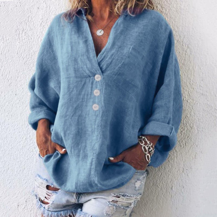 Evangeline | Women's V-Neck Button Down Blouse - Pink - Image 2
