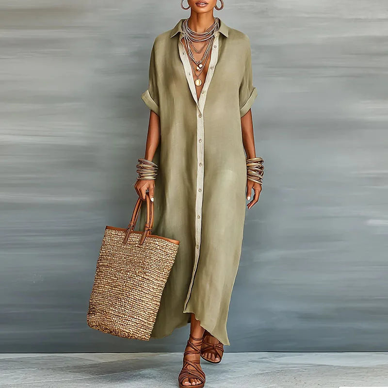 Evelina | Women's Button Down Maxi Shirt Dress - Khaki - Image 1