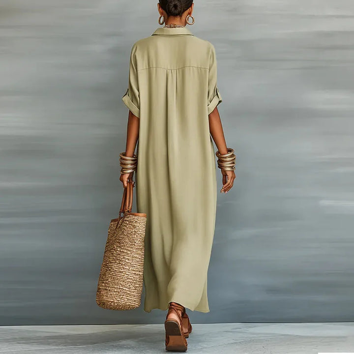 Evelina | Women's Button Down Maxi Shirt Dress - Khaki - Image 2