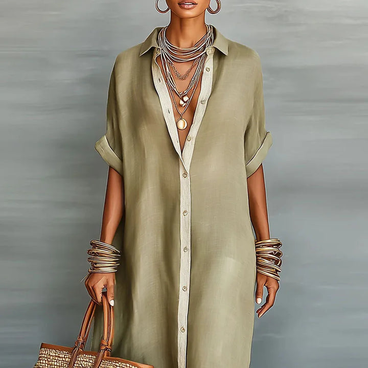 Evelina | Women's Button Down Maxi Shirt Dress - Khaki - Image 3