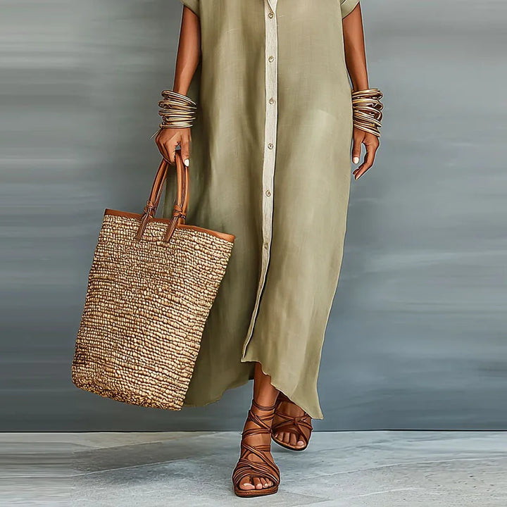 Evelina | Women's Button Down Maxi Shirt Dress - Khaki - Image 4