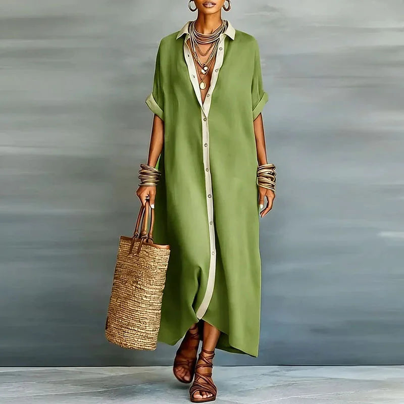 Evelina | Women's Button Down Maxi Shirt Dress - Khaki - Image 6