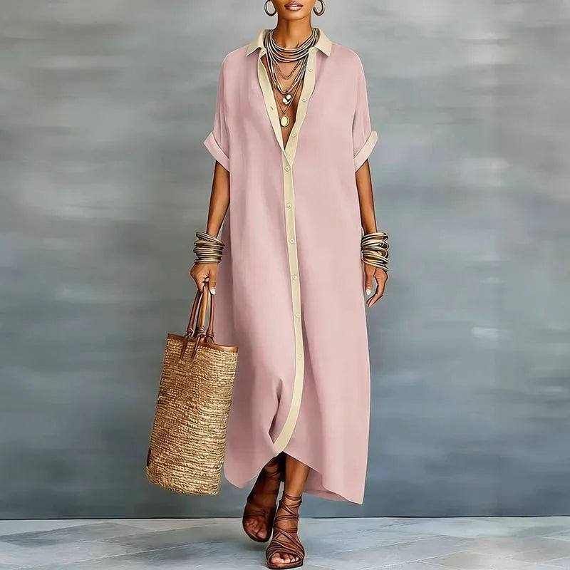Evelina | Women's Button Down Maxi Shirt Dress - Khaki - Image 8