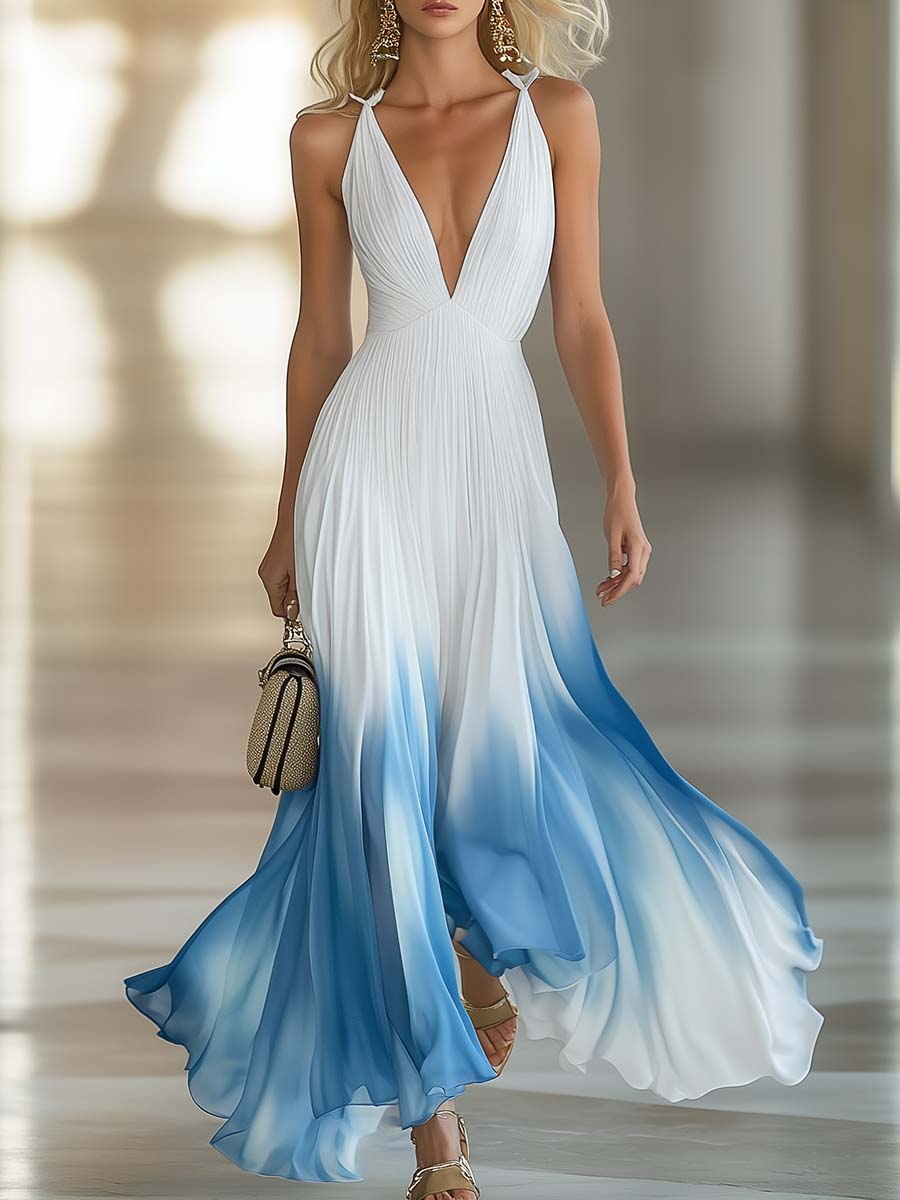 Evelina | Women's V-Neck Gradient Maxi Dress - Blue - Image 1