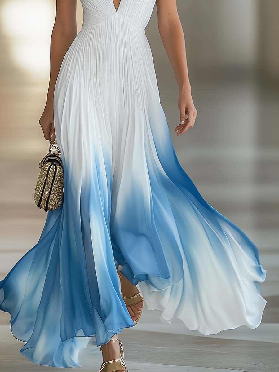 Evelina | Women's V-Neck Gradient Maxi Dress - Blue - Image 6