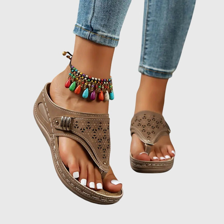 Cleo | Women's Wedge Toe Loop Sandals with Laser Cut Detail