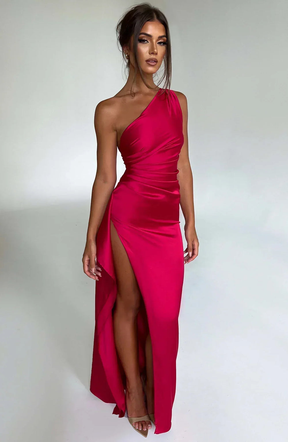 Fallon | Women's One Shoulder Ruched Maxi Dress - Red - Image 2