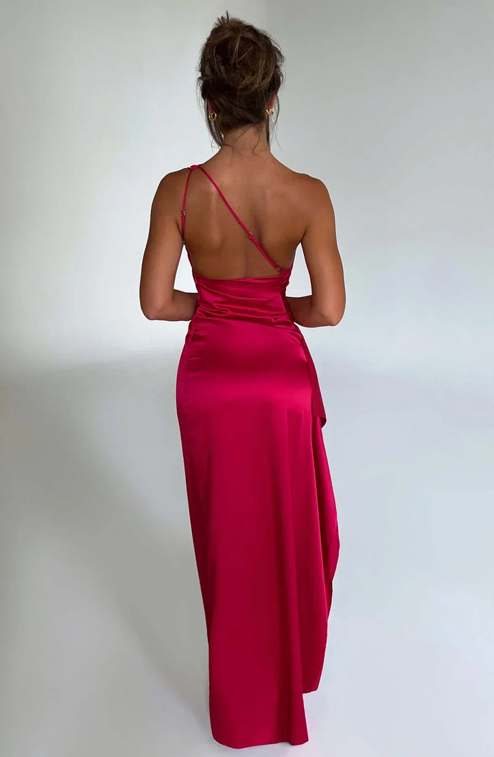 Fallon | Women's One Shoulder Ruched Maxi Dress - Red - Image 3
